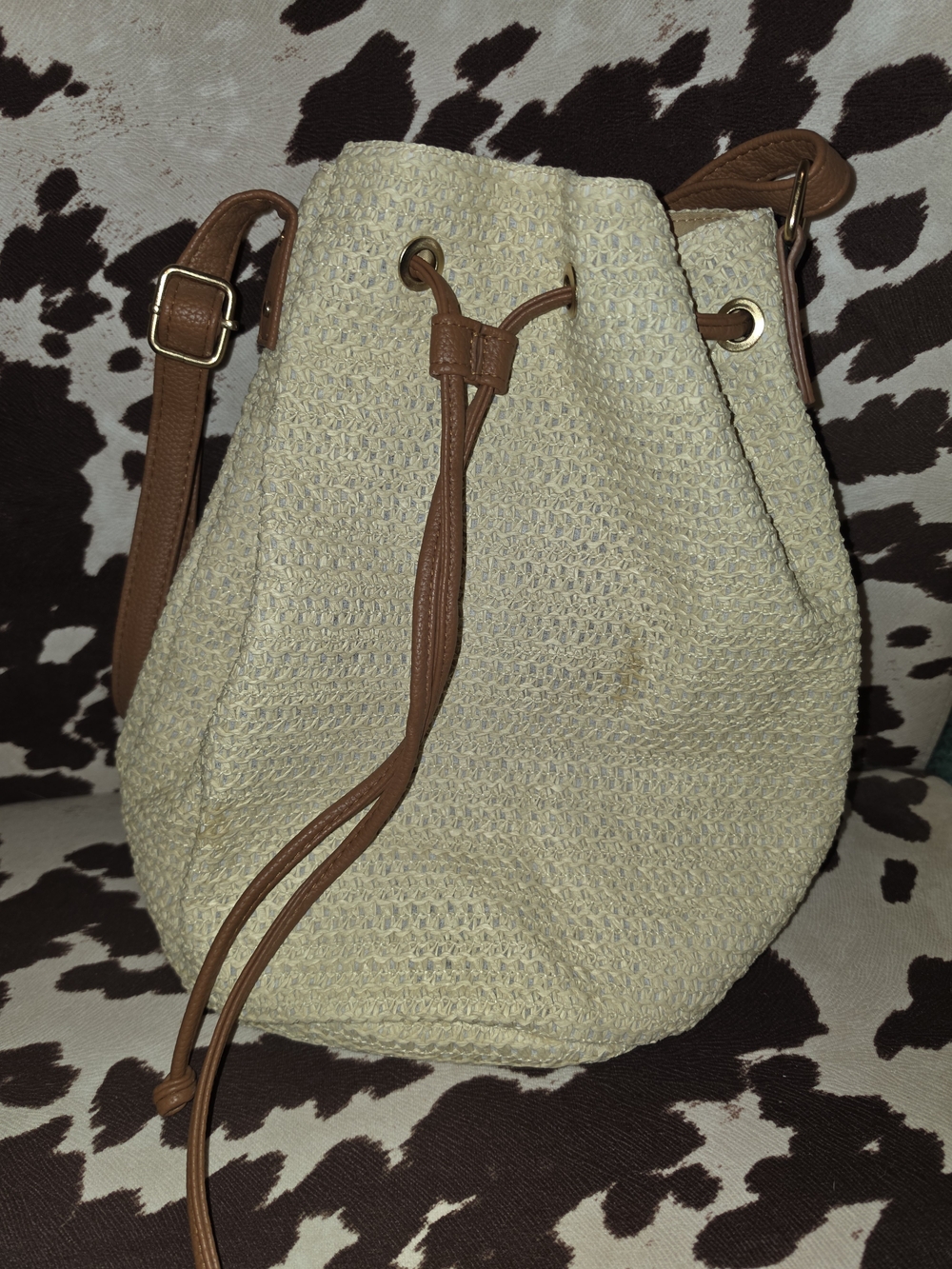 Montce Cream Woven Drawstring Crossbody with Brown Trim